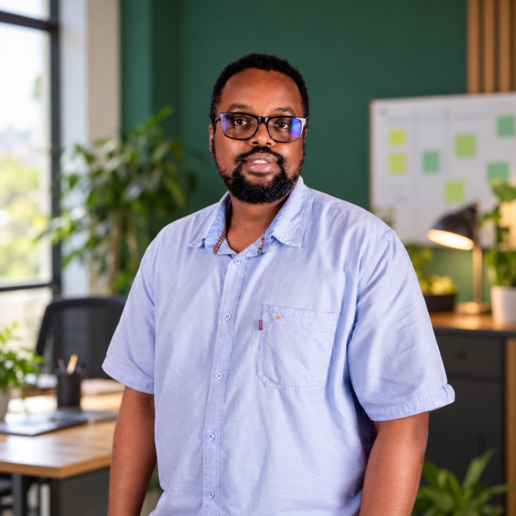 Amos in a modern Ugandan office
