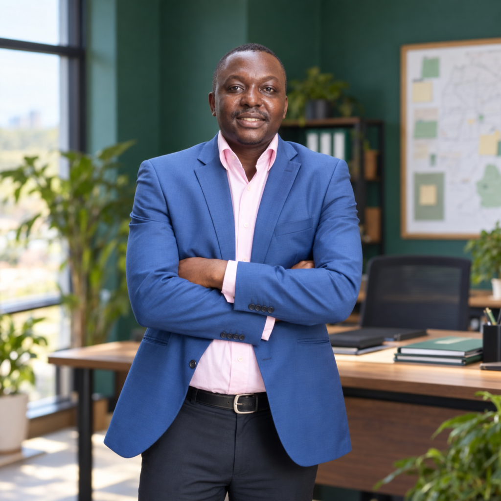 Approachable leader in a forest-green office