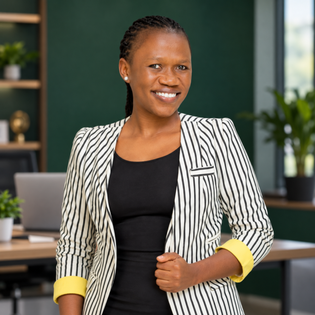 Cathy Bwire smiling in a modern office