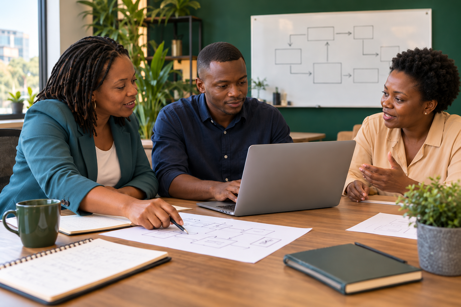 Colleagues collaborate around one laptop