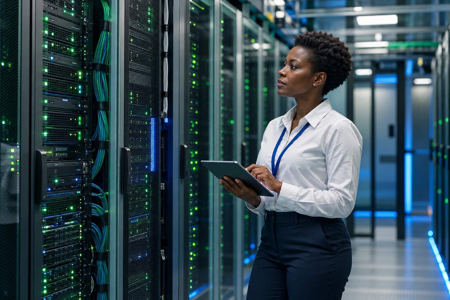 Focused engineer inspecting server racks
