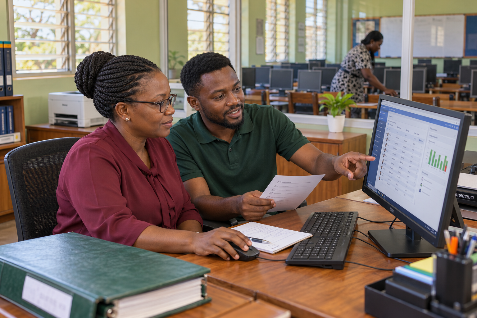Ugandan school staff reviewing student records